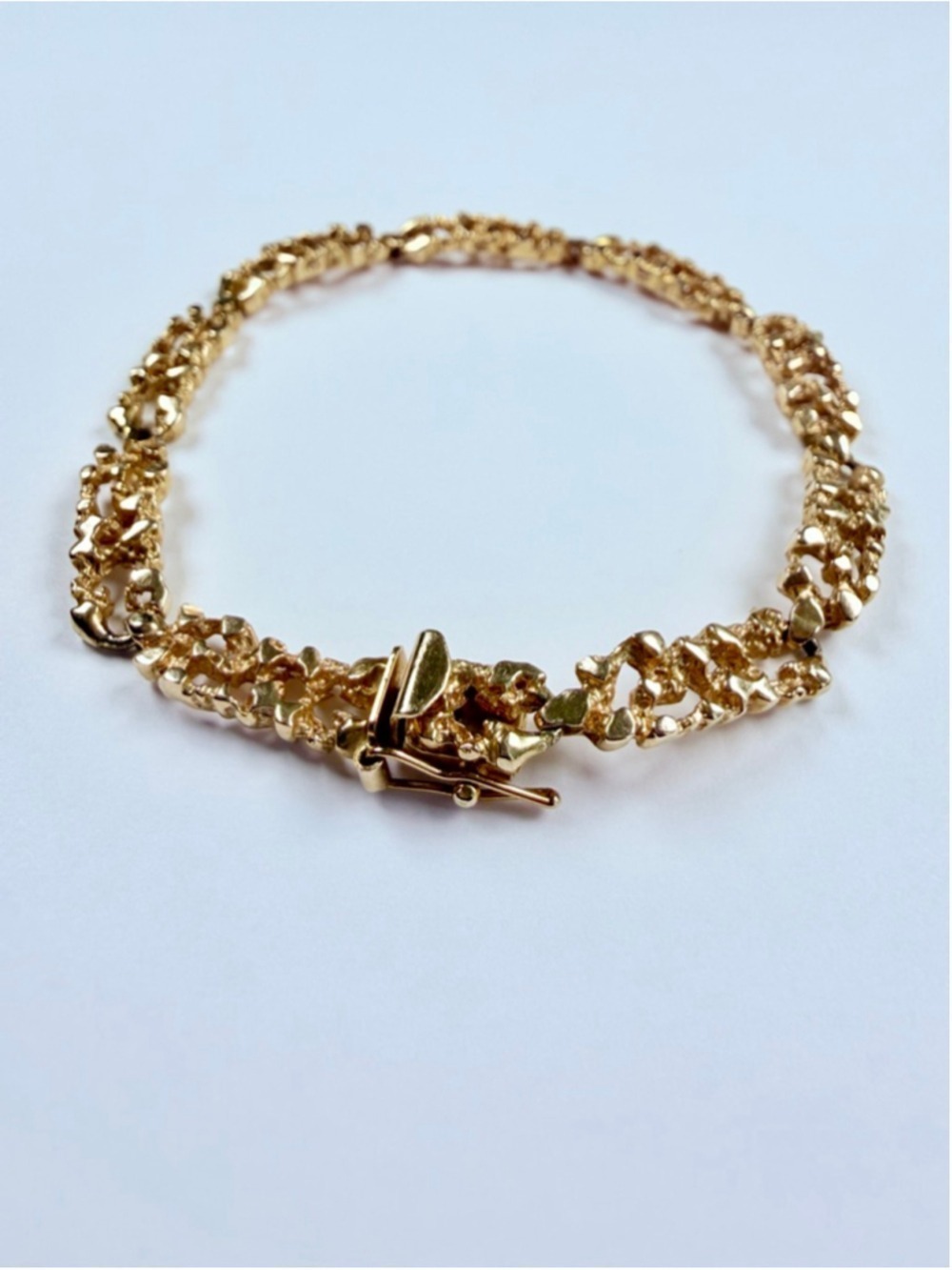 14K Solid Yellow Gold Open Link Panel Textured Nugget 5.5MM Vintage Bracelet - Picture 2 of 11